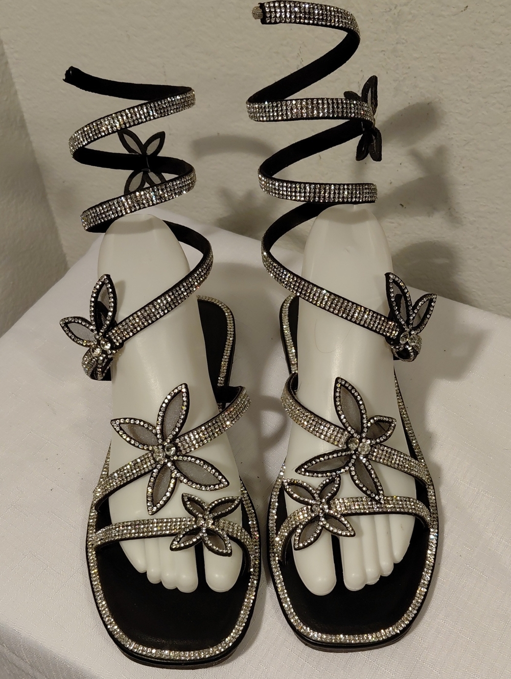 Rhinestone Butterfly Wrap Black Sandals